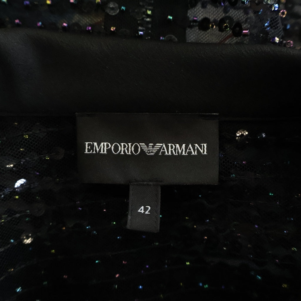 EMPORIO ARMANI EA7(エンポリオアルマーニイーエーセブン) スパンコール メッシュ サテン ジップアップ 半袖ジャケット ブルゾン ブラック レディース