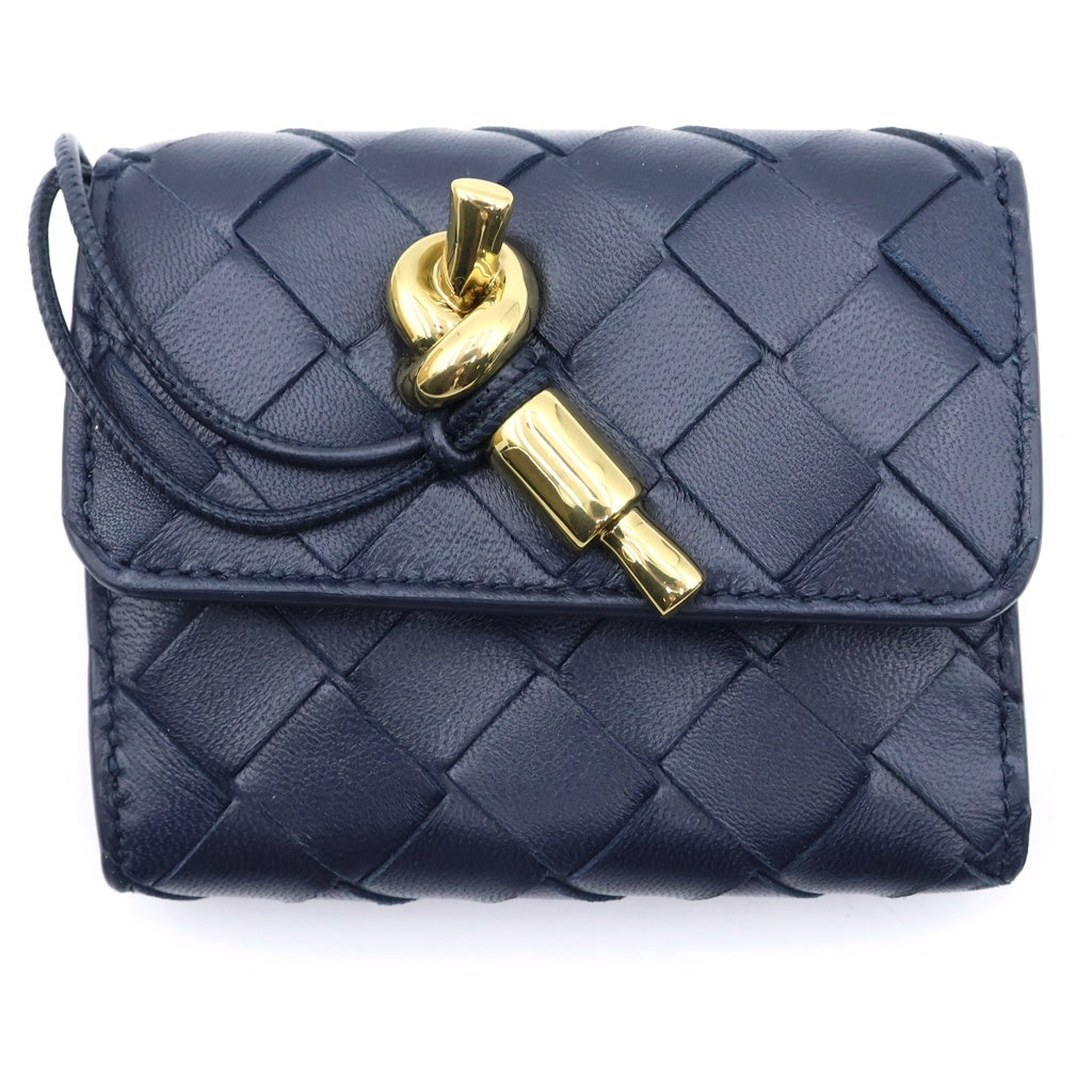 BOTTEGA VENETA(ボッテガヴェネタ) イントレチャート アンディアーモ 三つ折り財布 コンパクトジップ ネイビー レザー 824968 レディース
