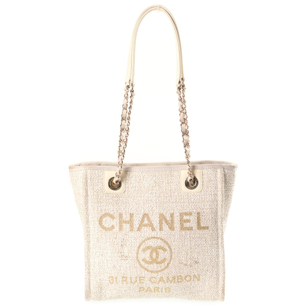 CHANEL(シャネル) ココマーク ドーヴィルPM ハンドバッグ トートバッグ ツイード×レザー アイボリー ゴールド金具 プレートA66939 レディース