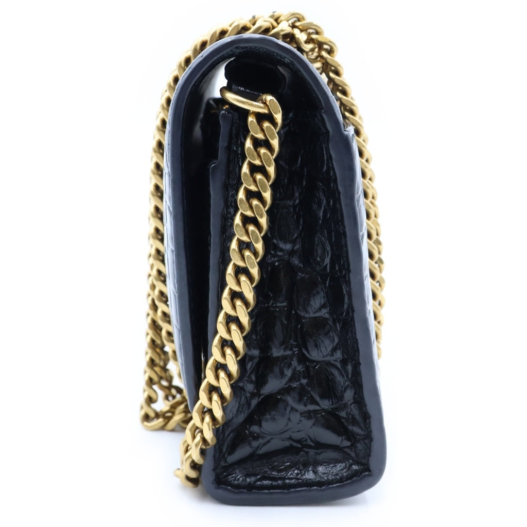 BALENCIAGA(バレンシアガ) HOURGLASS アワーグラス チェーン ミニ ウォレット クロコ型押し レザー ブラック レディース