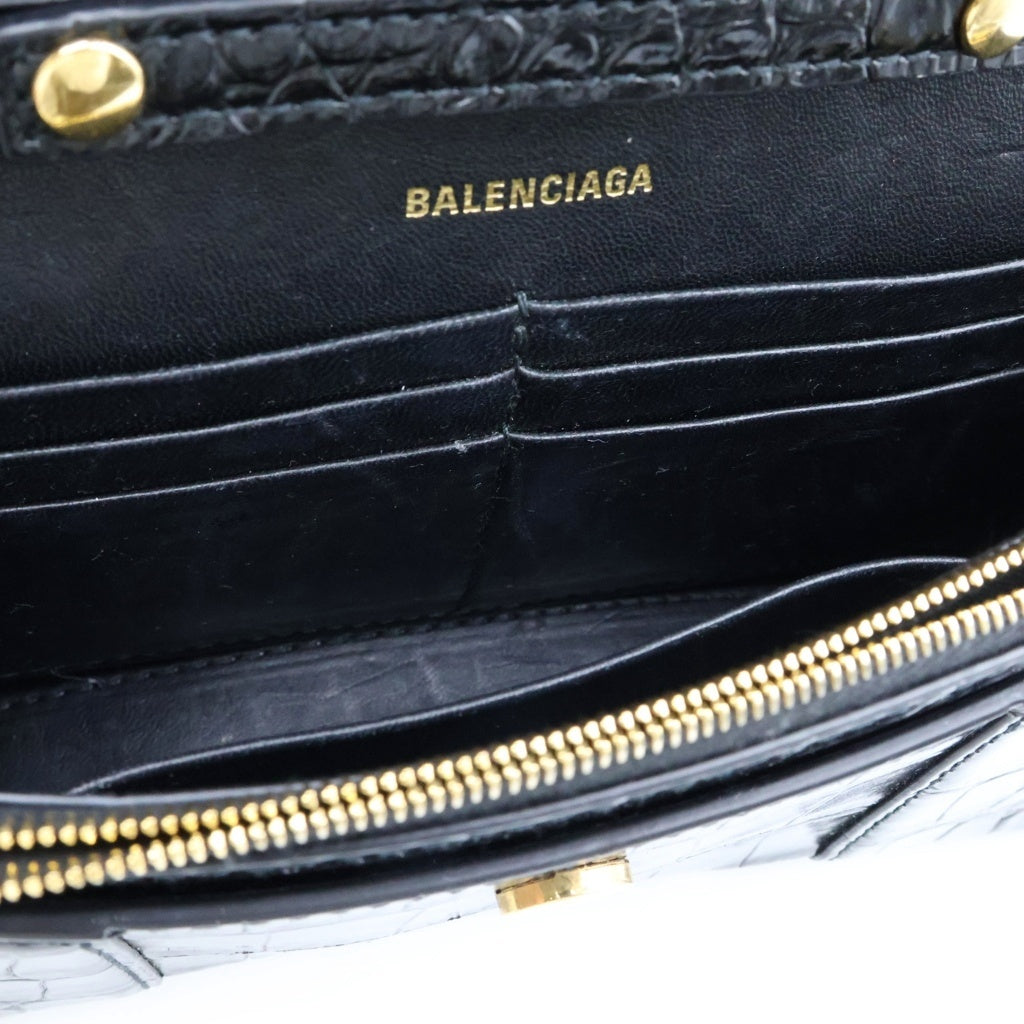 BALENCIAGA(バレンシアガ) HOURGLASS アワーグラス チェーン ミニ ウォレット クロコ型押し レザー ブラック レディース