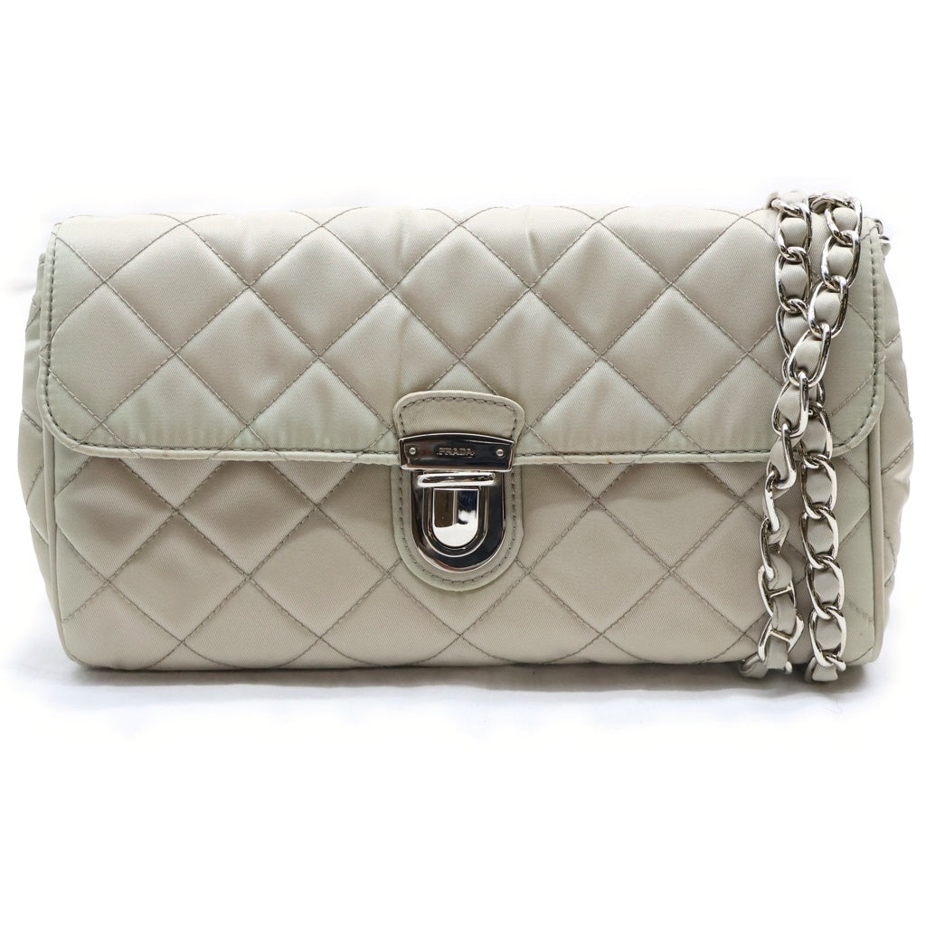 PRADA(プラダ) キルティングナイロンチェーンショルダーバック ベージュ 5E390 シルバー金具 レディース