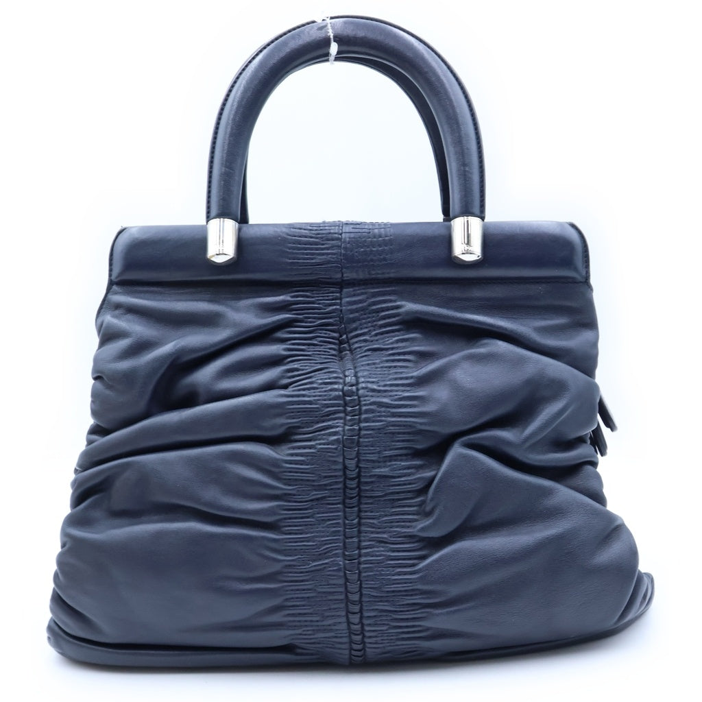 Christian Dior(クリスチャンディオール) カレーニナ ギャザー ハンドバック ネイビー レザー シルバー金具 レディース