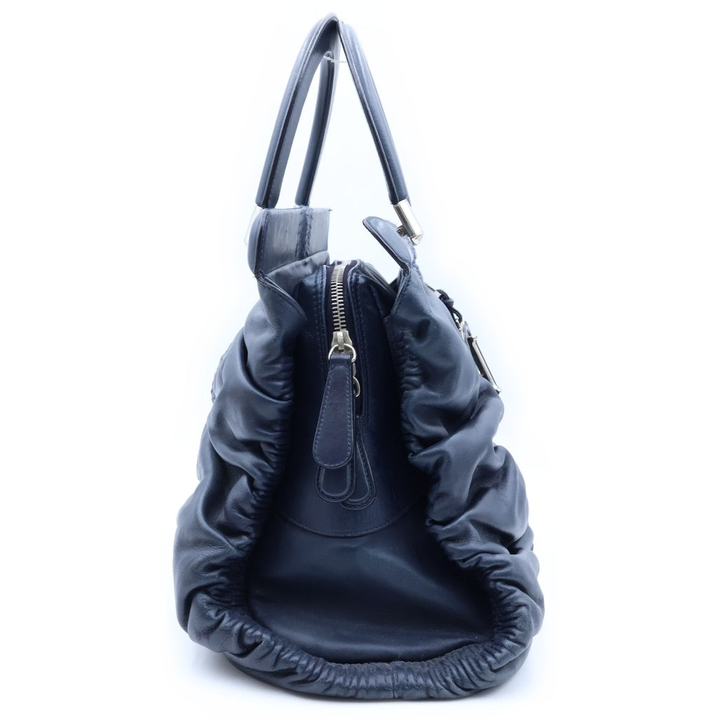Christian Dior(クリスチャンディオール) カレーニナ ギャザー ハンドバック ネイビー レザー シルバー金具 レディース