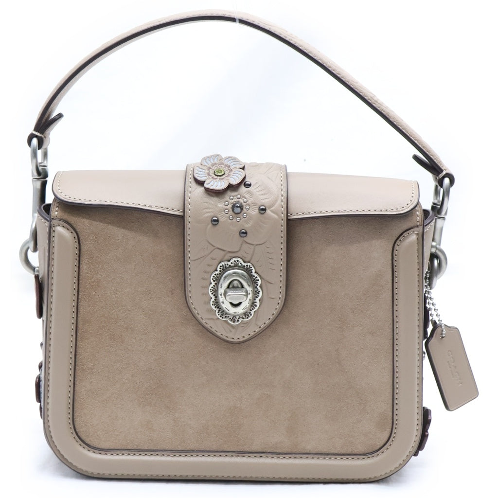 COACH(コーチ) フラワー ショルダーバッグ ベージュ レザー×スエード シルバー金具 レディース