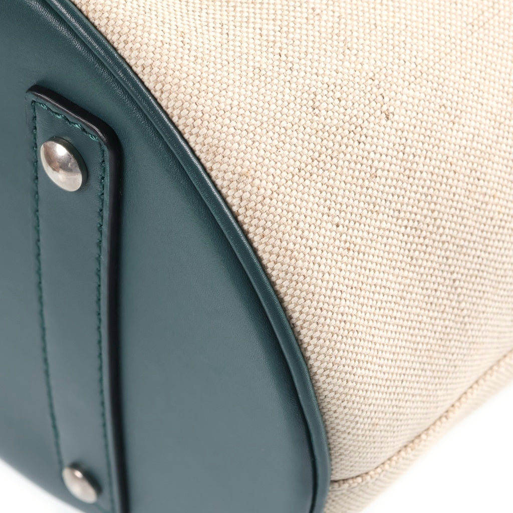 BURBERRY(バーバリー) ワンショルダーバッグ トートバッグ グリーン×アイボリー レザー×キャンバス シルバー金具 レディース