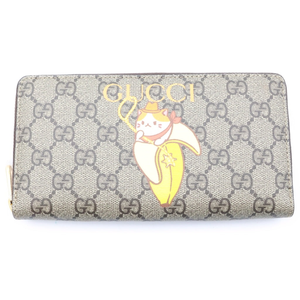 GUCCI(グッチ) ばなにゃ コラボ GGスプリーム ロングウォレット 長財布 カードケース ベージュ レザー×PVC ゴールド金具 レディース