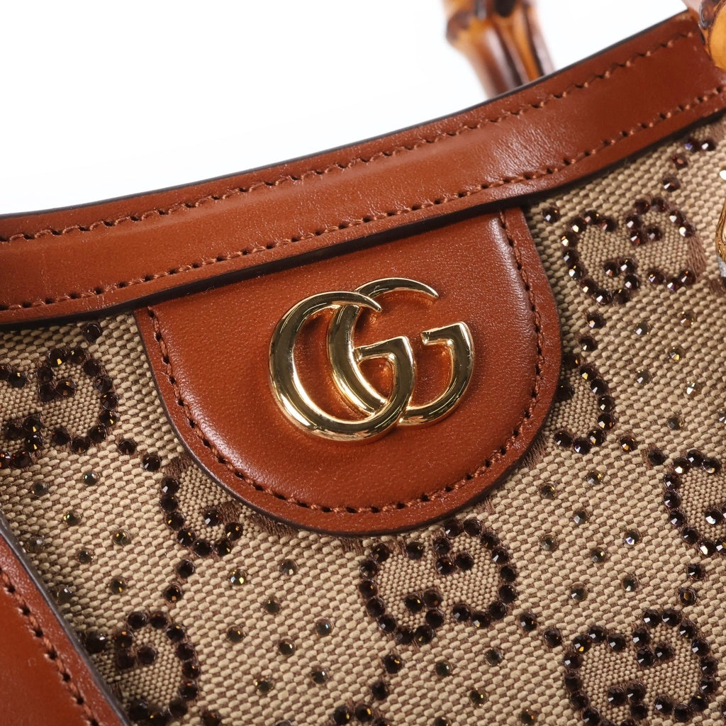 GUCCI(グッチ) ダイアナ クリスタル スモール 2WAYハンドバッグ ショルダーバッグ ラインストーン ブラウン キャンバス×レザー 707449 ゴールド金具 レディース