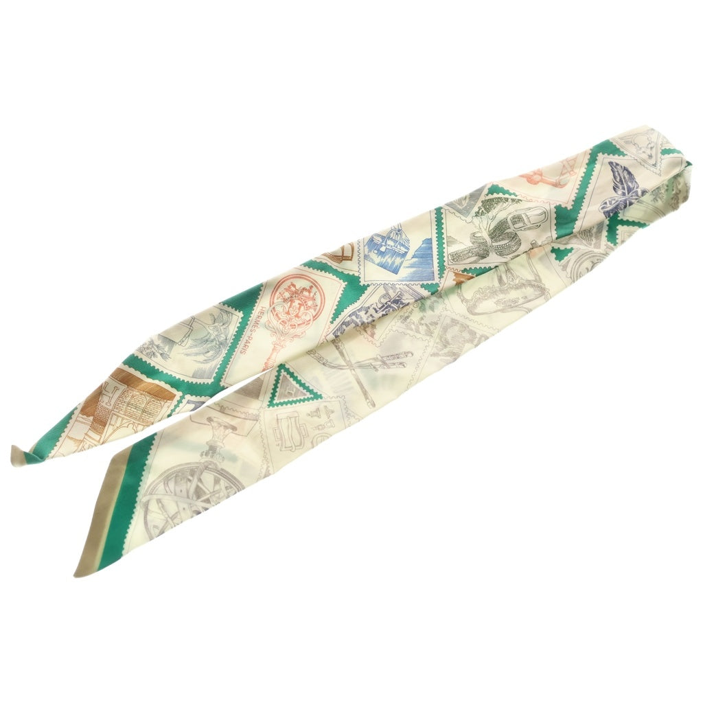 HERMES(エルメス) ツイリー LE PHILATELISTE DU FAUBOURG フォーブルの切手愛好家 スカーフ シルク ホワイト/グリーン レディース