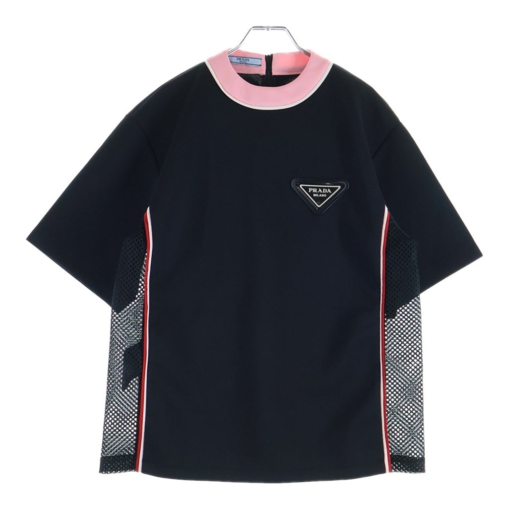 PRADA(プラダ) トライアングルロゴパッチ メッシュ切り替え 半袖Tシャツ カットソー ジャージー ブラック 135690 S202 1X76 レディース