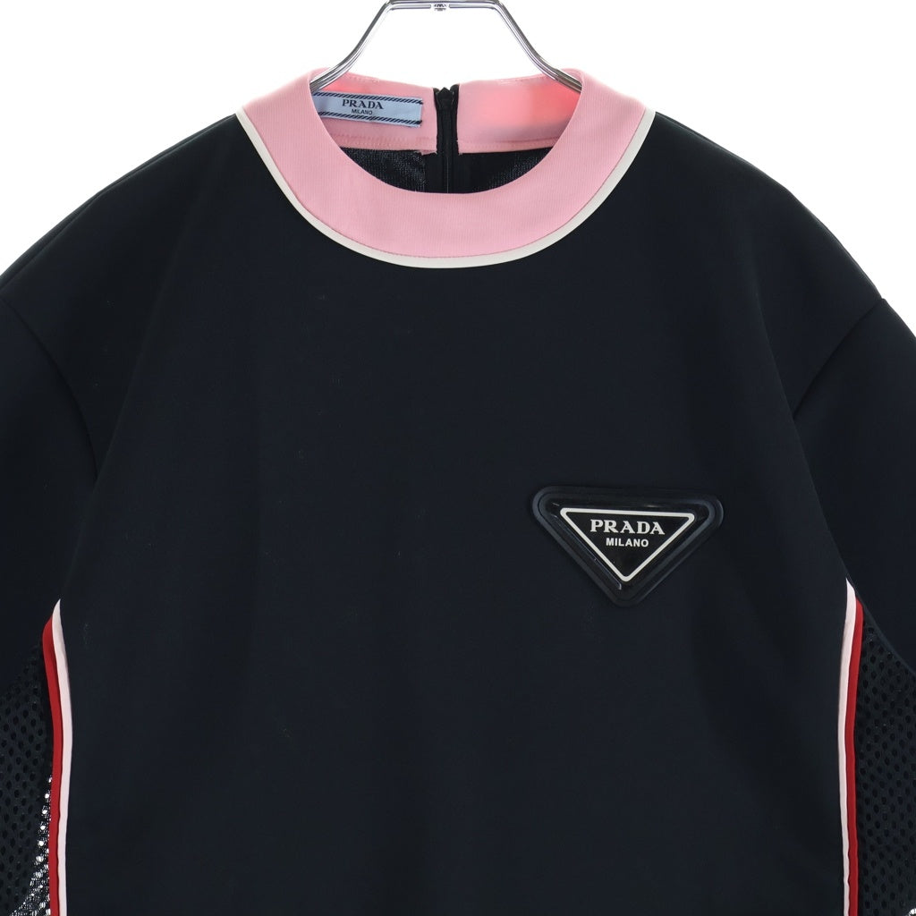 PRADA(プラダ) トライアングルロゴパッチ メッシュ切り替え 半袖Tシャツ カットソー ジャージー ブラック 135690 S202 1X76 レディース