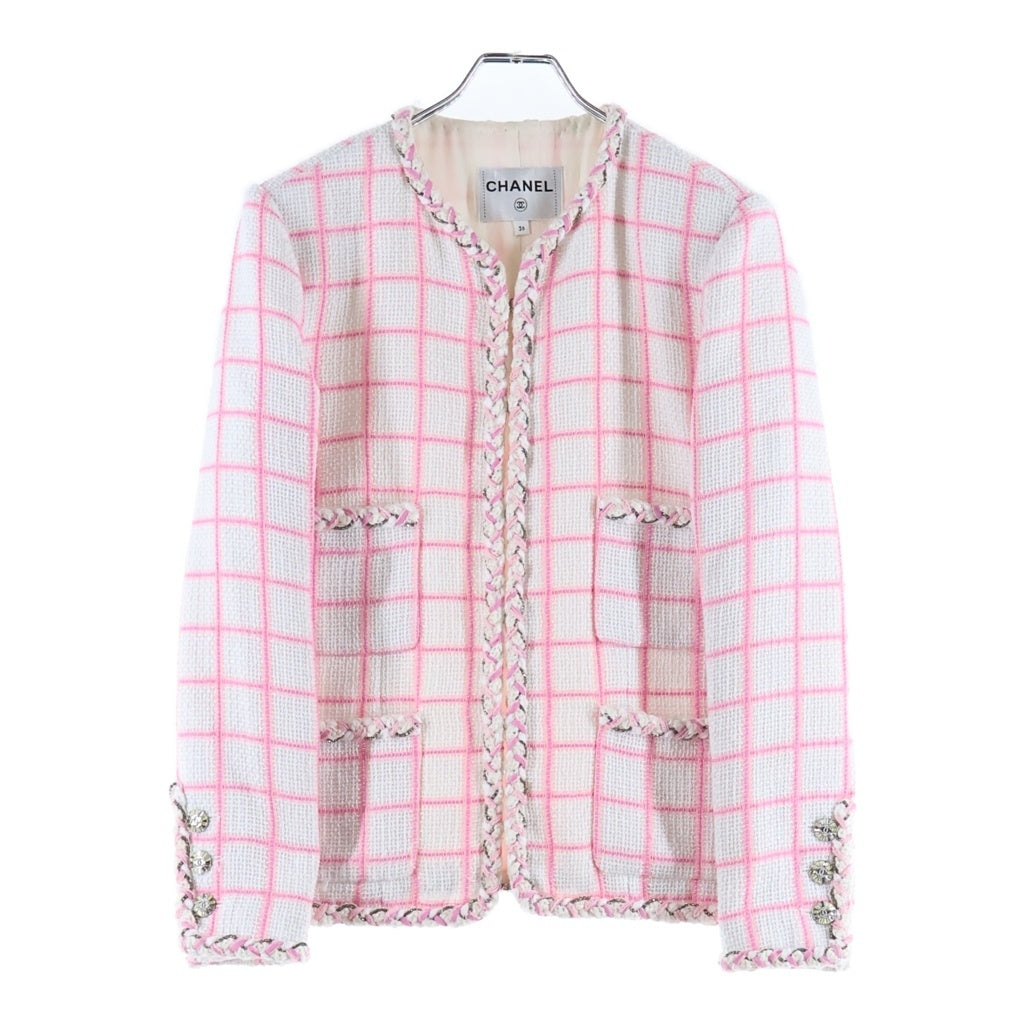CHANEL(シャネル) ココボタン ノーカラーツイードジャケット ライトジャケット ホワイト×ピンク #36 P73947V6554 レディース