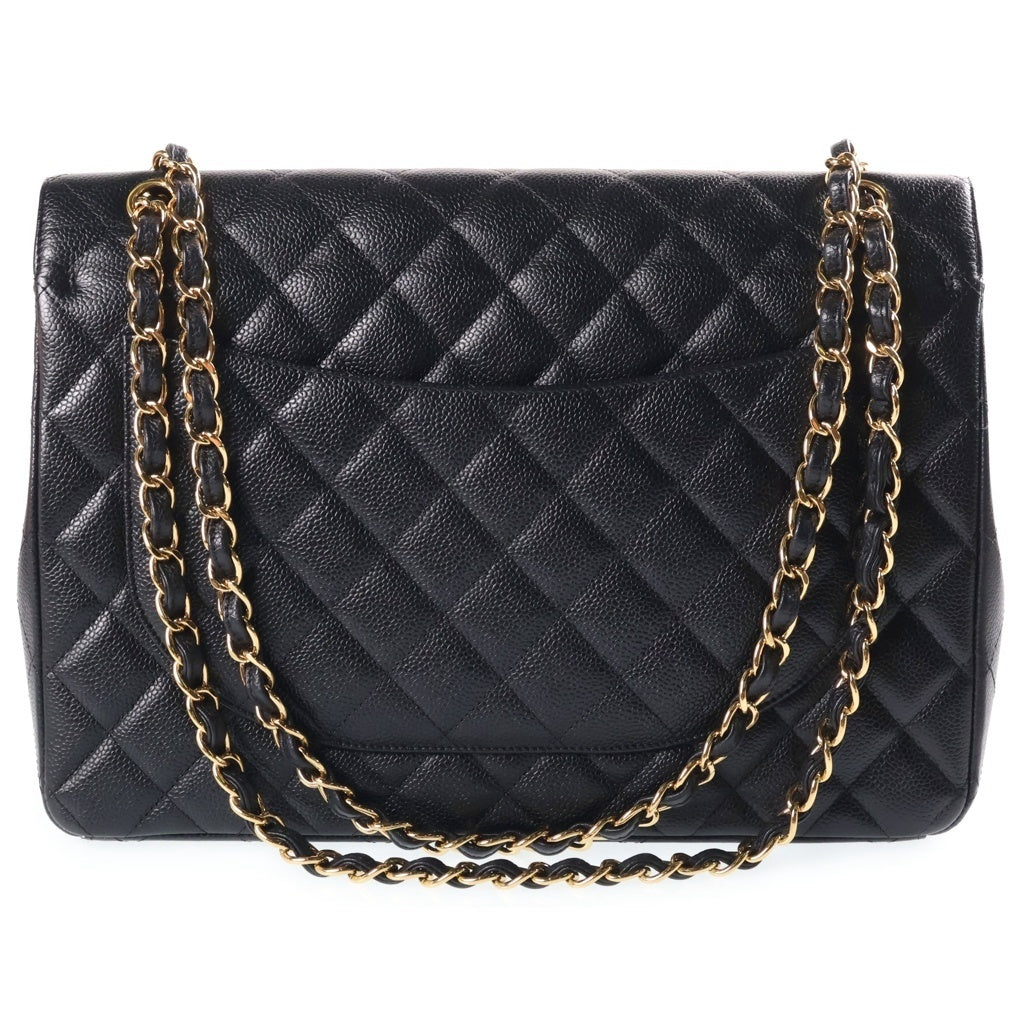 CHANEL(シャネル) デカマトラッセ WフラップWチェーンショルダーバッグ ブラック キャビアスキン 14番台 ゴールド金具 レディース