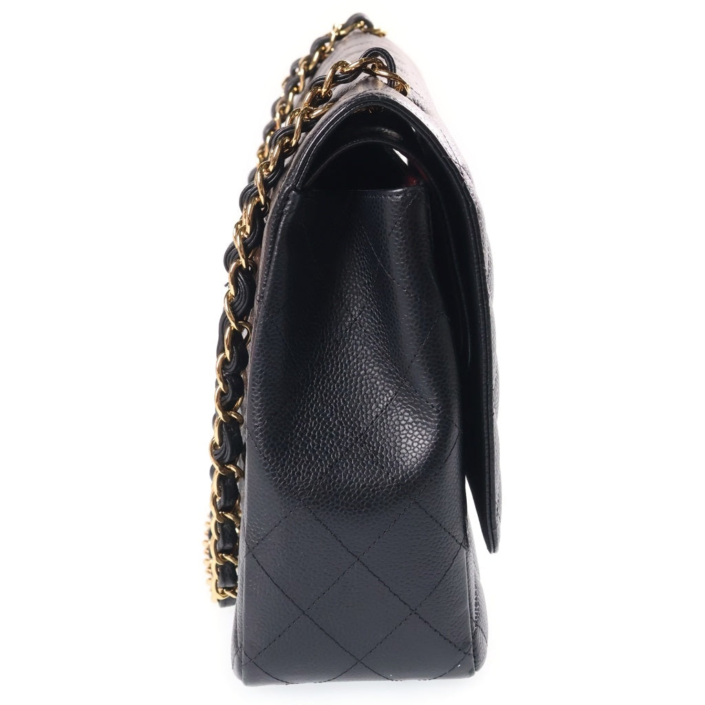 CHANEL(シャネル) デカマトラッセ WフラップWチェーンショルダーバッグ ブラック キャビアスキン 14番台 ゴールド金具 レディース