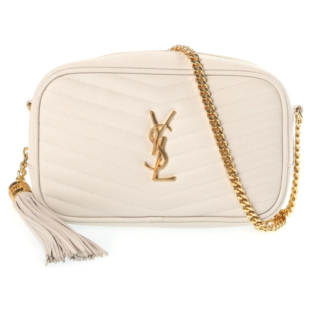 YVES SAINT LAURENT(イヴサンローラン) ルー カメラバッグ Vステッチ ショルダーバッグ ホワイト キャビア ゴールド金具 レディース