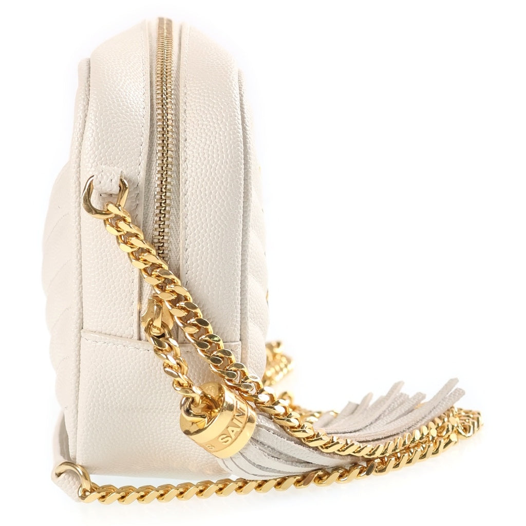 YVES SAINT LAURENT(イヴサンローラン) ルー カメラバッグ Vステッチ ショルダーバッグ ホワイト キャビア ゴールド金具 レディース