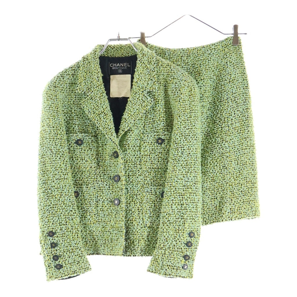 CHANEL(シャネル) 94AW VINTAGE Tweed Setup 4ポケット ツイードジャケット スカート セットアップ ウール ココマークボタン グリーン PO4108 レディース