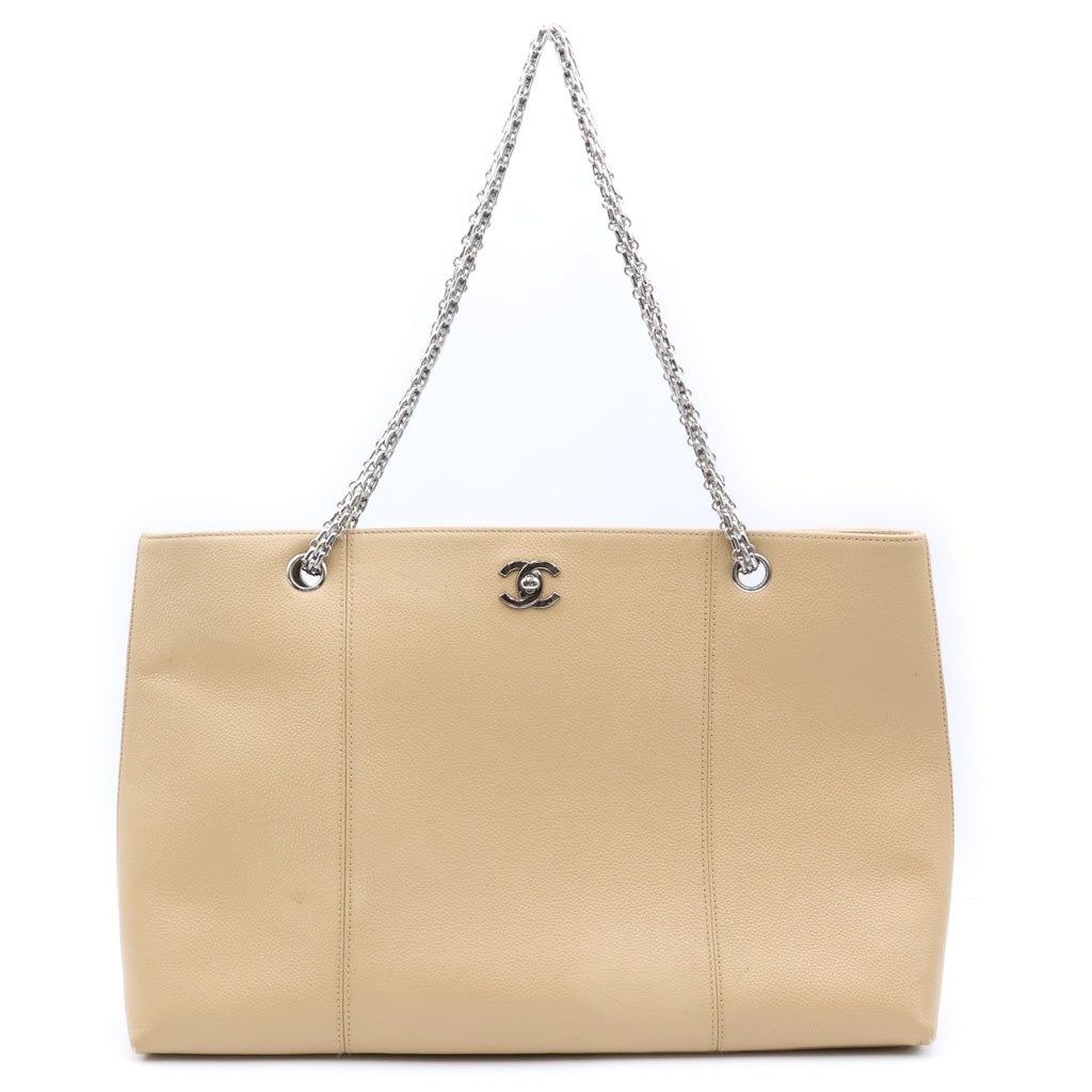 CHANEL(シャネル) ココマーク チェーントートバッグ ハンドバッグ ベージュ キャビスキン 6番台 シルバー金具 レディース