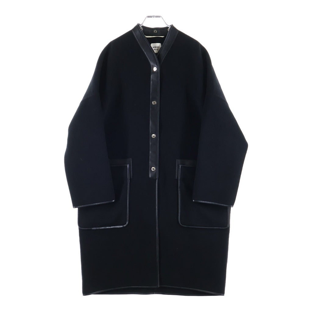 HERMES(エルメス) セリエボタン フロントポケットノーカラーカシミヤロングコート カシミヤ×レザー ブラック #34 レディース