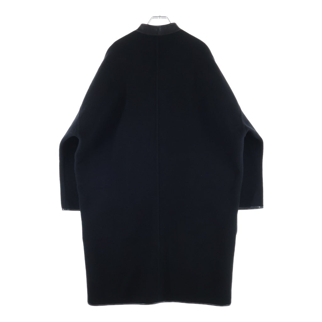 HERMES(エルメス) セリエボタン フロントポケットノーカラーカシミヤロングコート カシミヤ×レザー ブラック #34 レディース