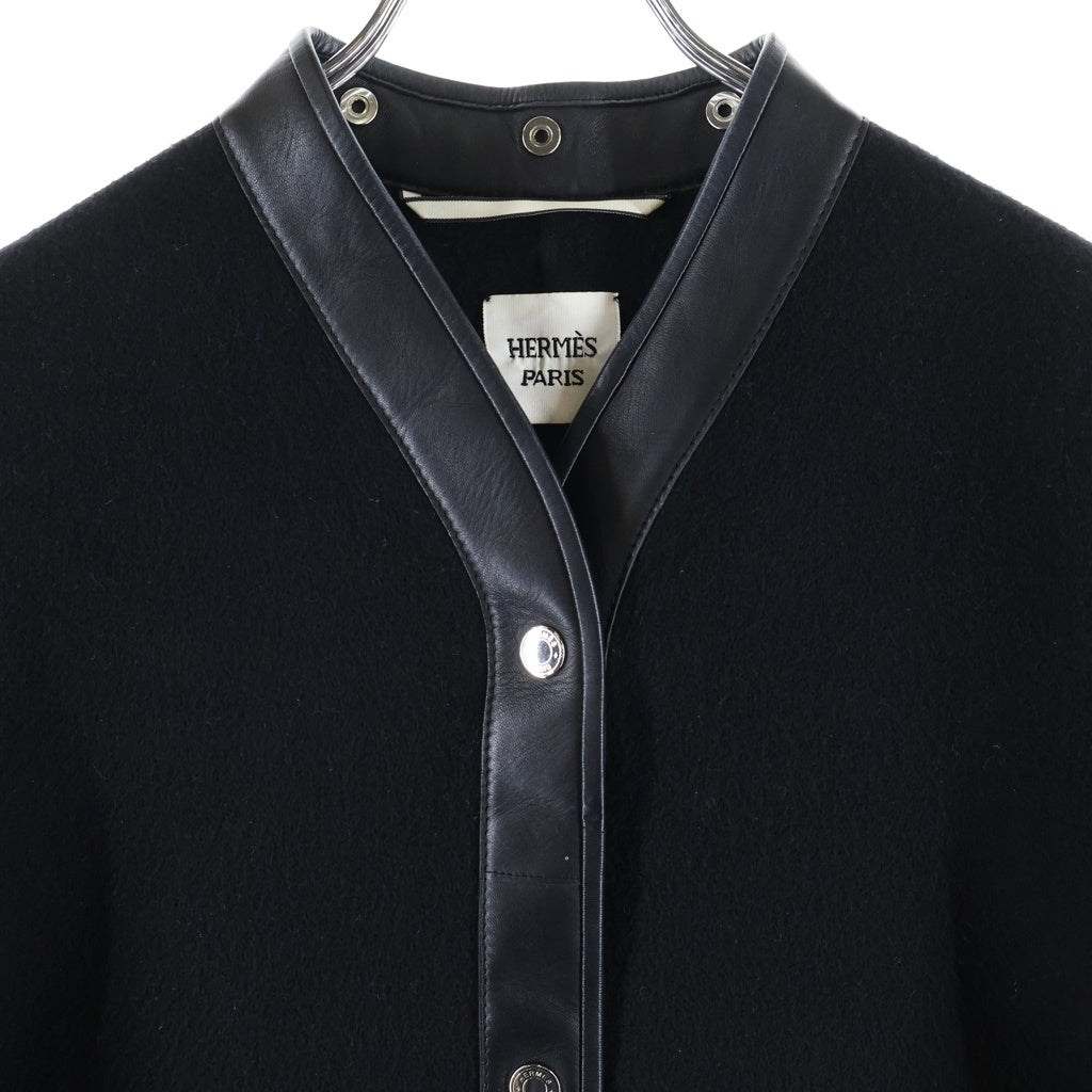HERMES(エルメス) セリエボタン フロントポケットノーカラーカシミヤロングコート カシミヤ×レザー ブラック #34 レディース