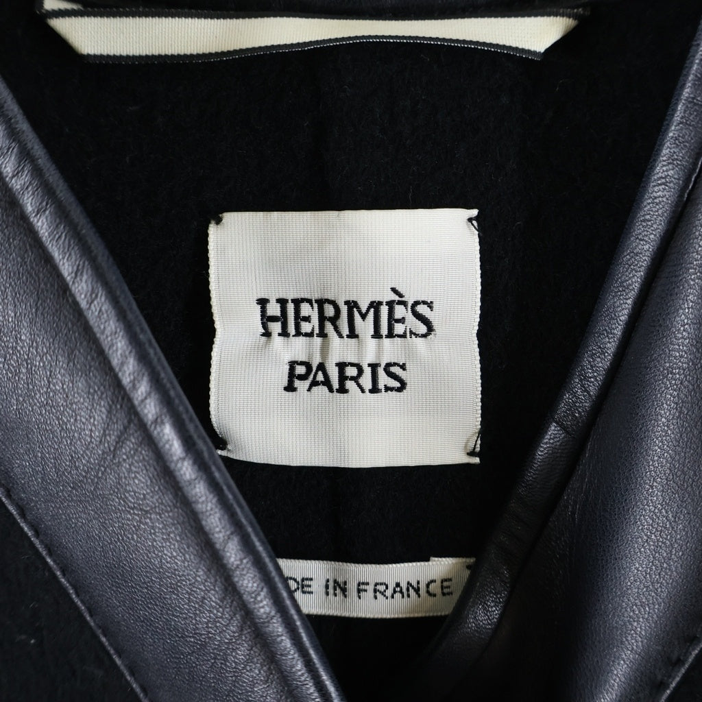 HERMES(エルメス) セリエボタン フロントポケットノーカラーカシミヤロングコート カシミヤ×レザー ブラック #34 レディース