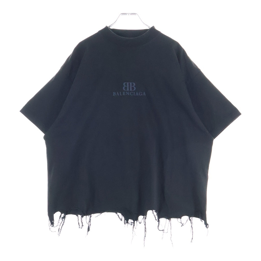 BALENCIAGA(バレンシアガ) クラシックBBロゴ デストロイ加工 Tシャツ ブラック コットン 783399