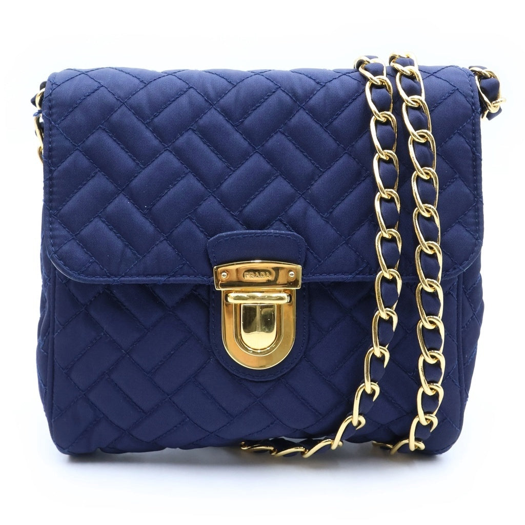 PRADA(プラダ) キルティング チェーンショルダーバッグ ブルー ナイロン ゴールド金具 レディース