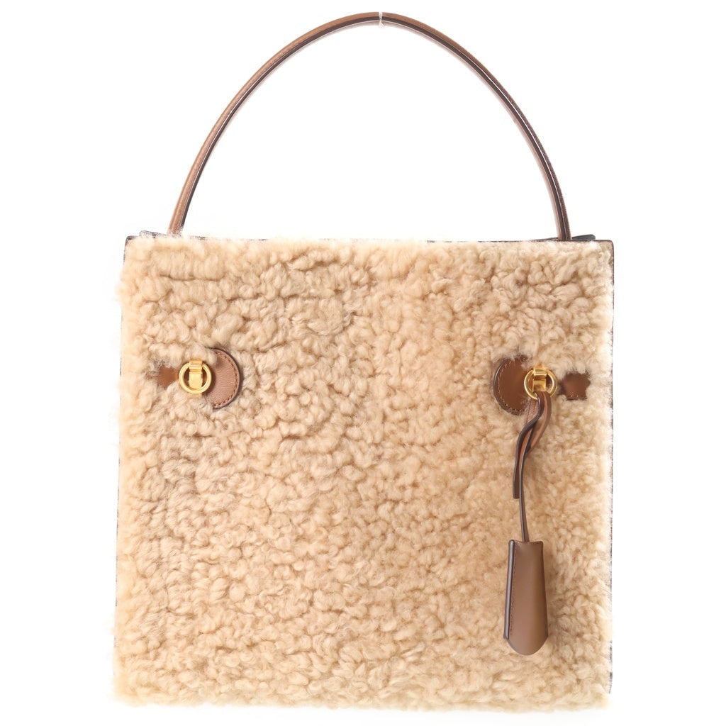 TORY BURCH(トリー バーチ) リーラジウィル プチ ダブルバッグ ハンドバッグ ブラウン×アイボリー レザー×ボア ゴールド金具 レディース