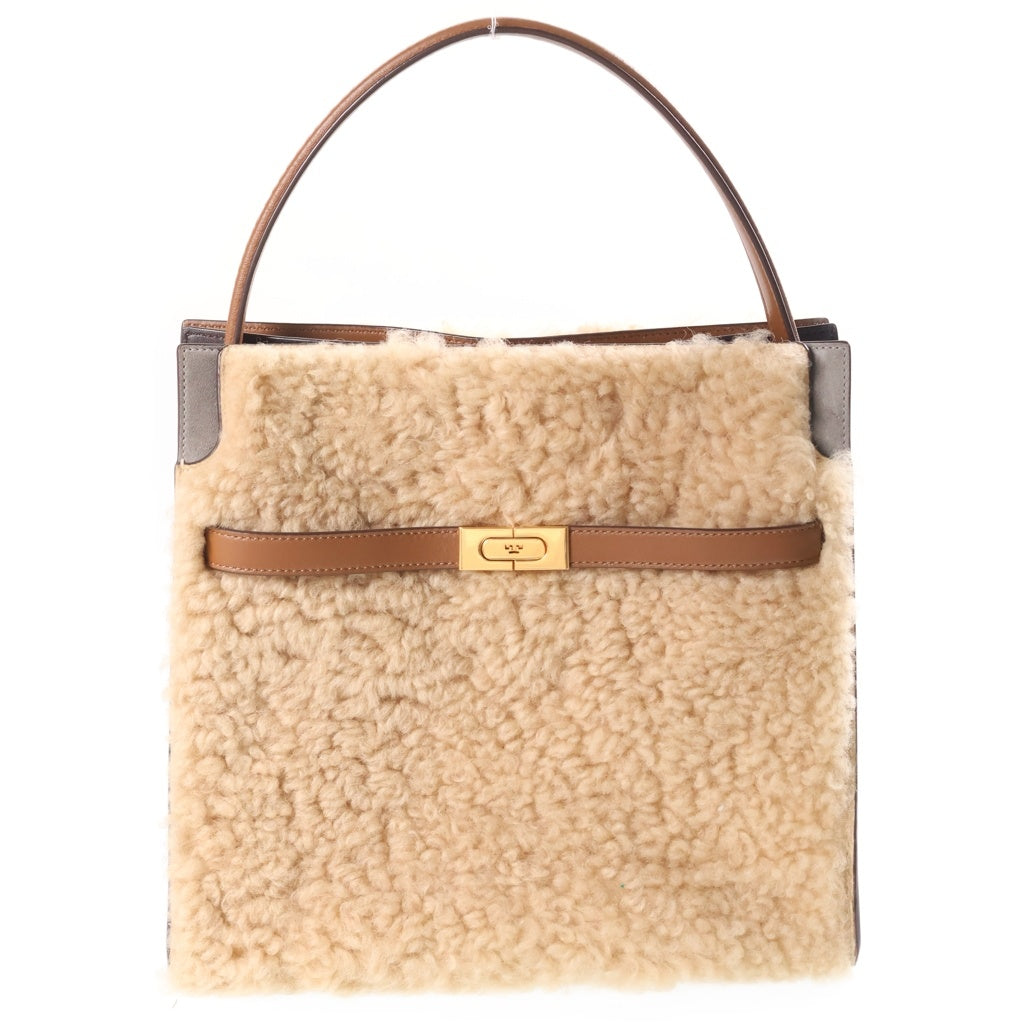 TORY BURCH(トリー バーチ) リーラジウィル プチ ダブルバッグ ハンドバッグ ブラウン×アイボリー レザー×ボア ゴールド金具 レディース