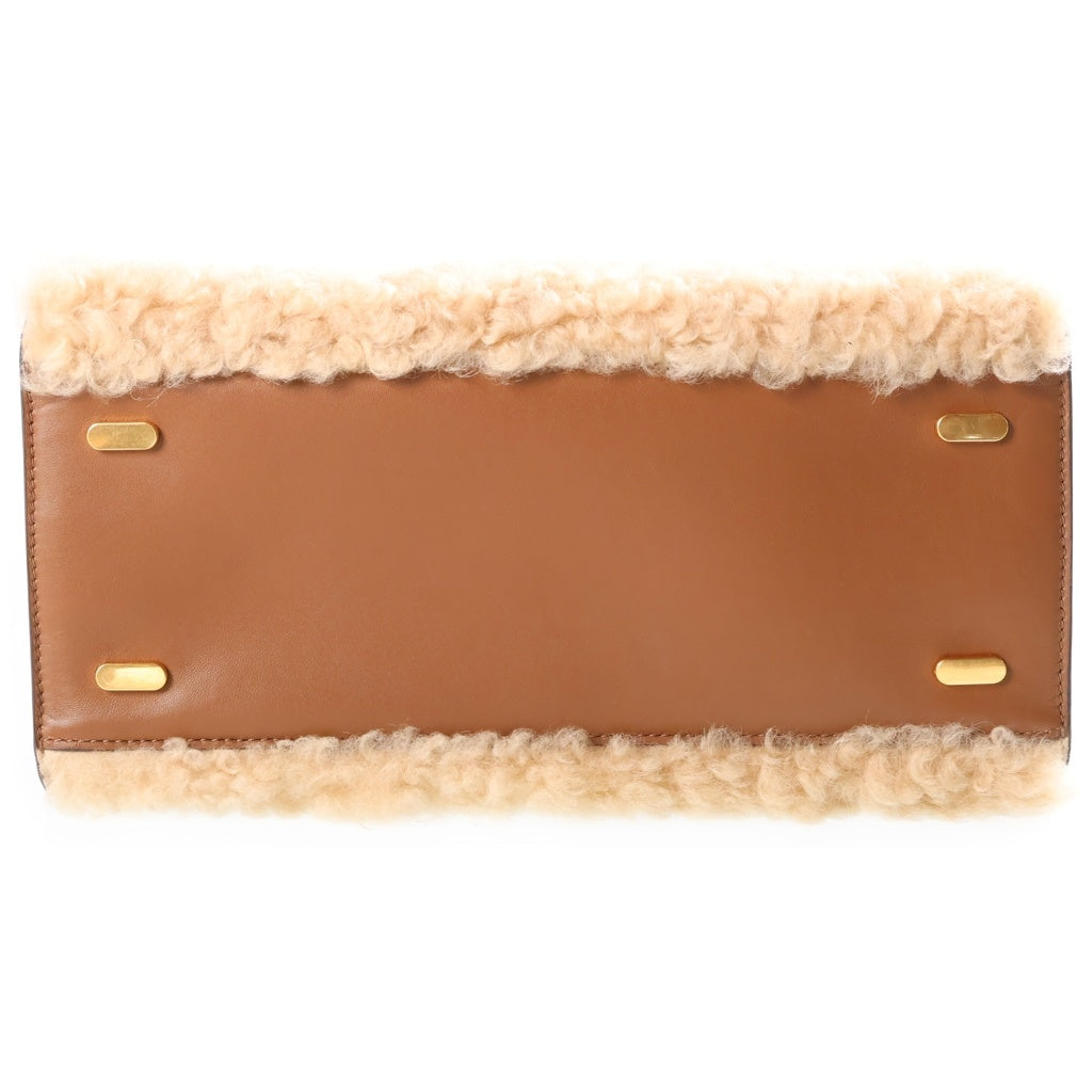 TORY BURCH(トリー バーチ) リーラジウィル プチ ダブルバッグ ハンドバッグ ブラウン×アイボリー レザー×ボア ゴールド金具 レディース