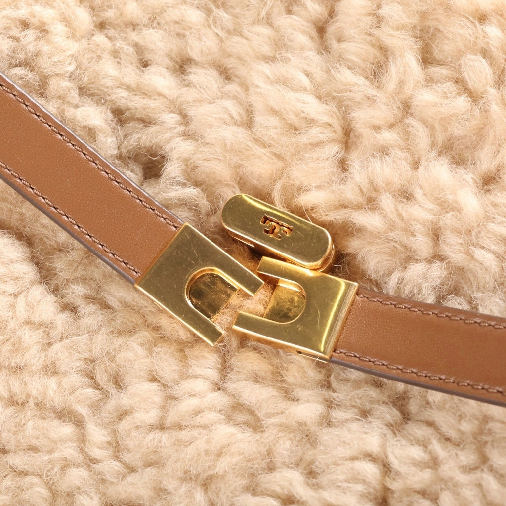 TORY BURCH(トリー バーチ) リーラジウィル プチ ダブルバッグ ハンドバッグ ブラウン×アイボリー レザー×ボア ゴールド金具 レディース