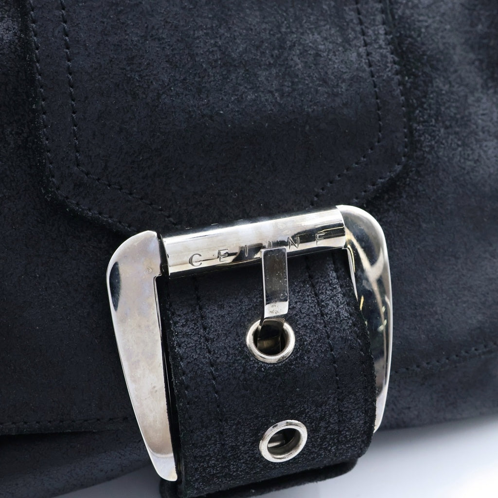 CELINE(セリーヌ) バックルデザイン ショルダーバッグ ブラック ヌバックレザー シルバー金具 レディース