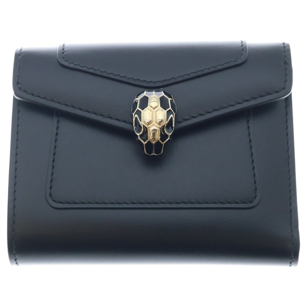 BVLGARI(ブルガリ) セルペンティ フォーエバー コンパクトウォレット 三つ折り財布 ブラック×グリーン レザー ゴールド金具 レディース