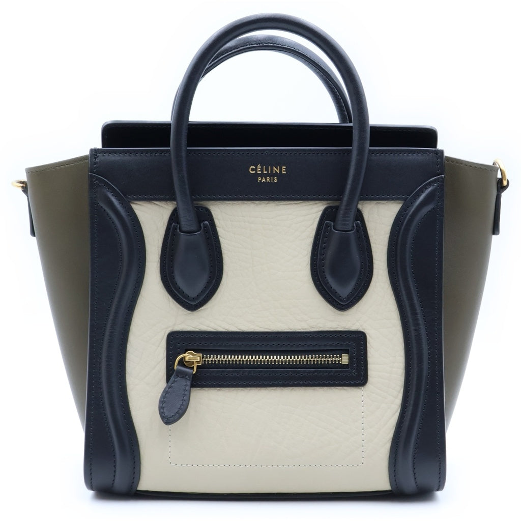 CELINE(セリーヌ) ラゲージ ナノショッパー ベージュ×ブラック×カーキ レザー 2WAY ハンドバッグ ショルダーバッグ レディース