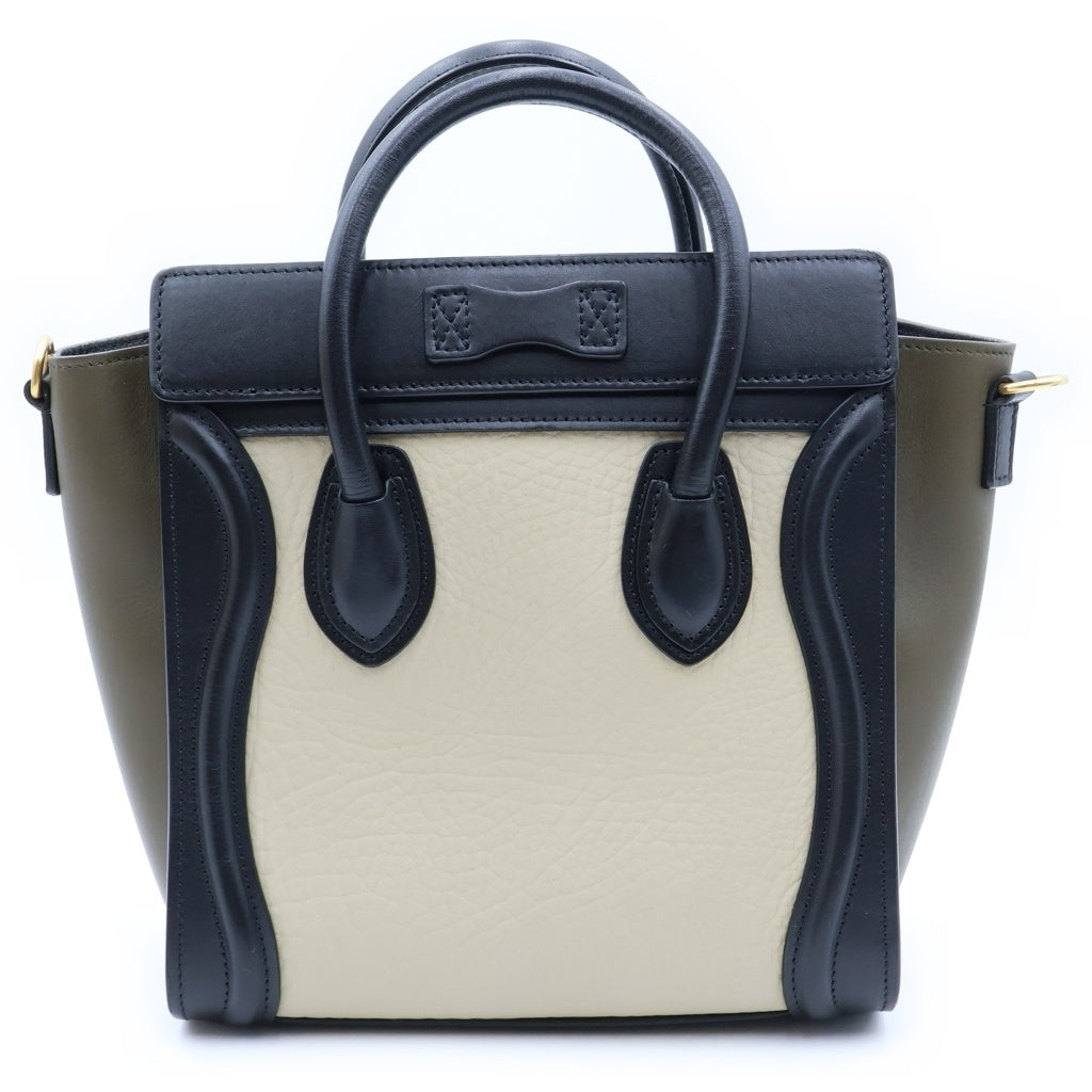 CELINE(セリーヌ) ラゲージ ナノショッパー ベージュ×ブラック×カーキ レザー 2WAY ハンドバッグ ショルダーバッグ レディース