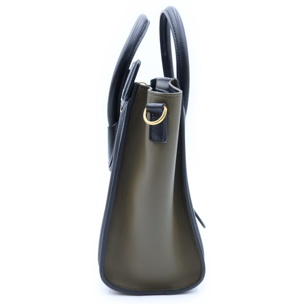 CELINE(セリーヌ) ラゲージ ナノショッパー ベージュ×ブラック×カーキ レザー 2WAY ハンドバッグ ショルダーバッグ レディース