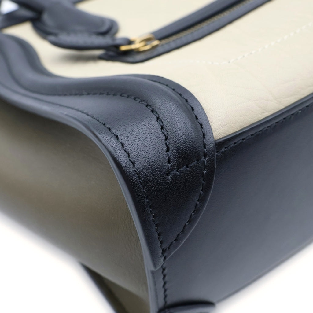 CELINE(セリーヌ) ラゲージ ナノショッパー ベージュ×ブラック×カーキ レザー 2WAY ハンドバッグ ショルダーバッグ レディース