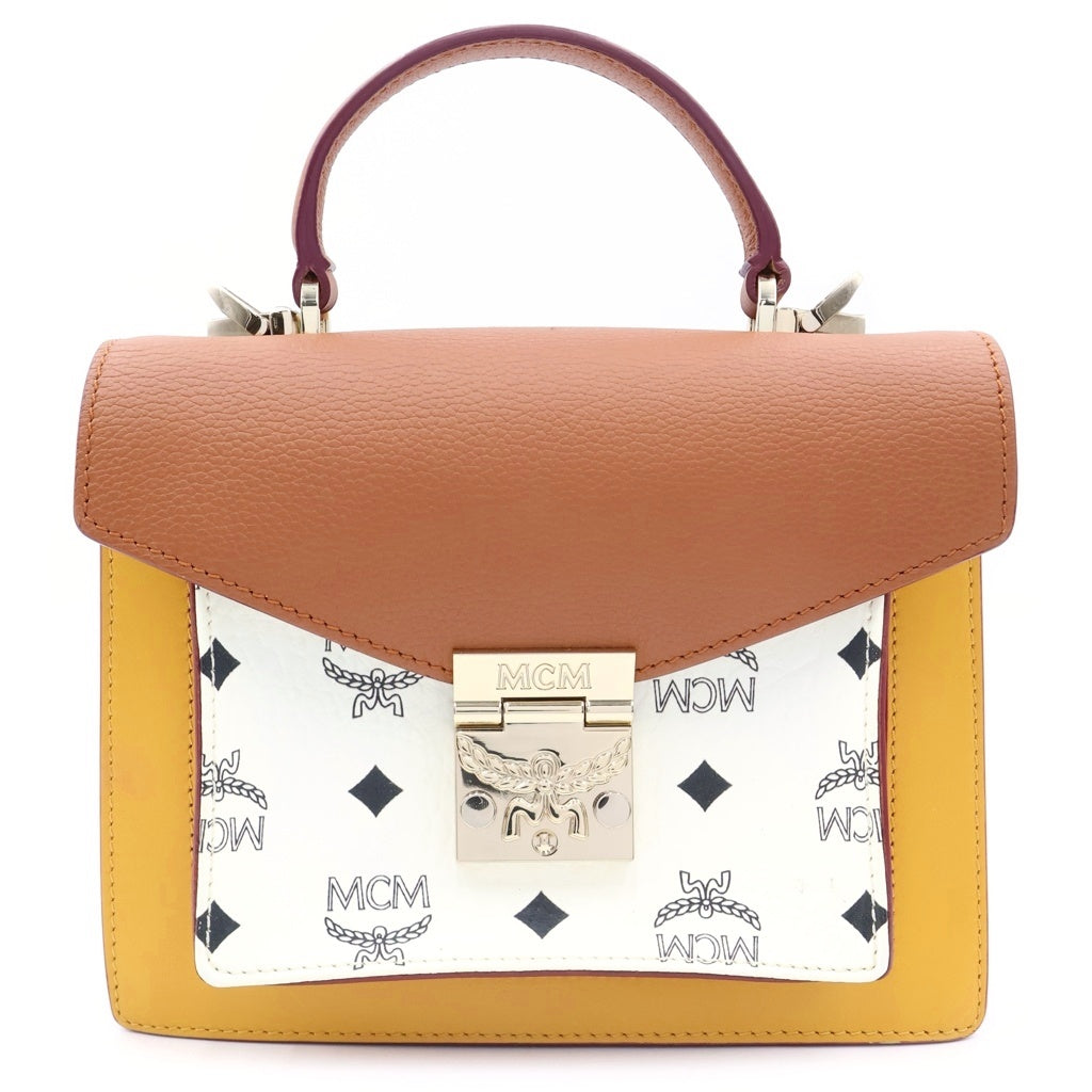 MCM(エム シー エム) ヴィセトス 2WAYハンドバッグ ショルダーバッグ ホワイト×ブラウン レザー ゴールド金具 レディース