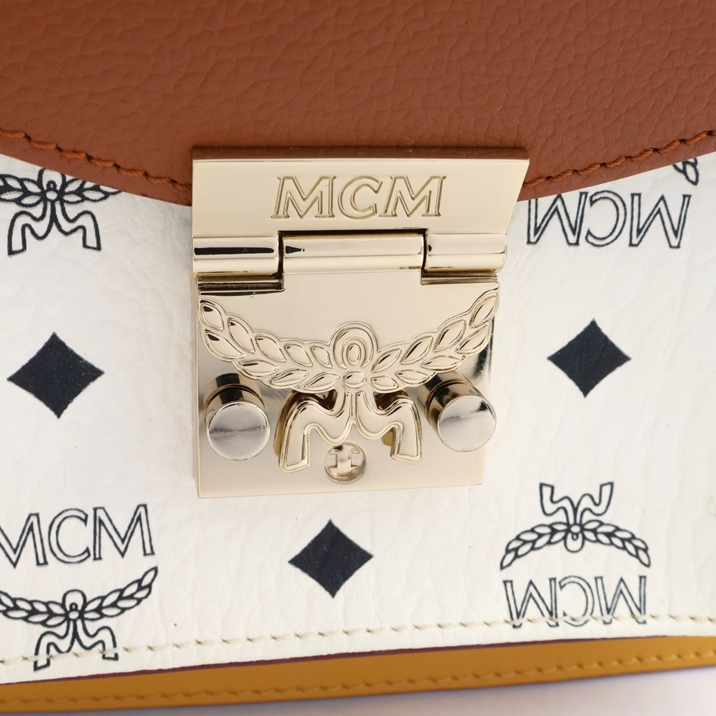MCM(エム シー エム) ヴィセトス 2WAYハンドバッグ ショルダーバッグ ホワイト×ブラウン レザー ゴールド金具 レディース