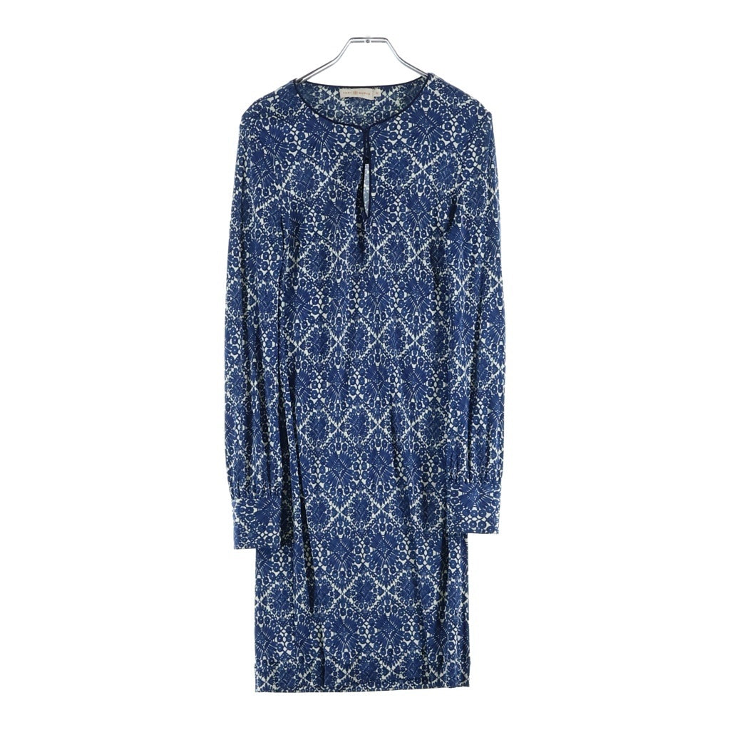 TORY BURCH(トリー バーチ) 総柄 長袖 ひざ丈シルクワンピース ブルー レディース
