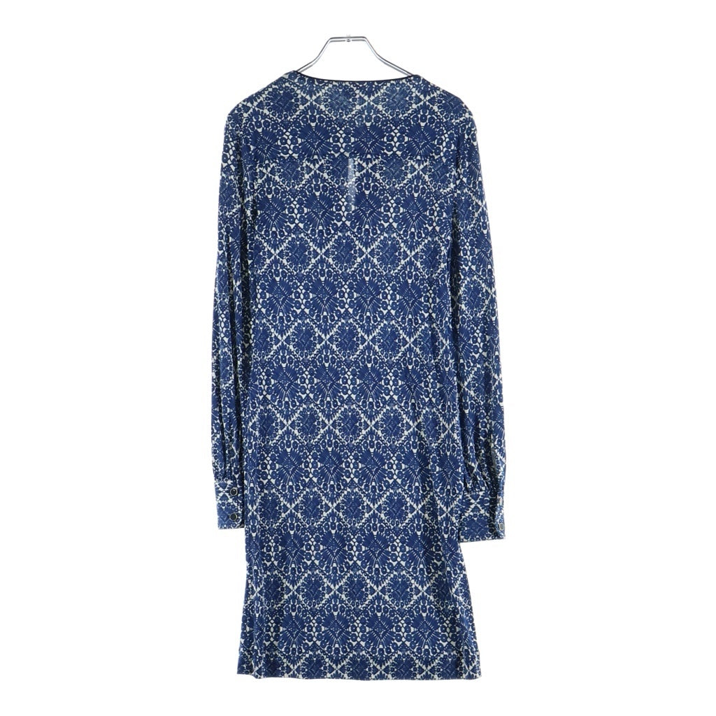 TORY BURCH(トリー バーチ) 総柄 長袖 ひざ丈シルクワンピース ブルー レディース