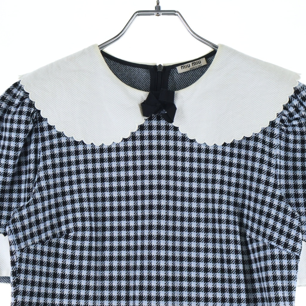 miumiu(ミュウミュウ) 21SS Short Sleeved Dress ギンガムチェック半袖ワンピース ドレス リボン ブラック/ブルー MJA814 1YQE レディース