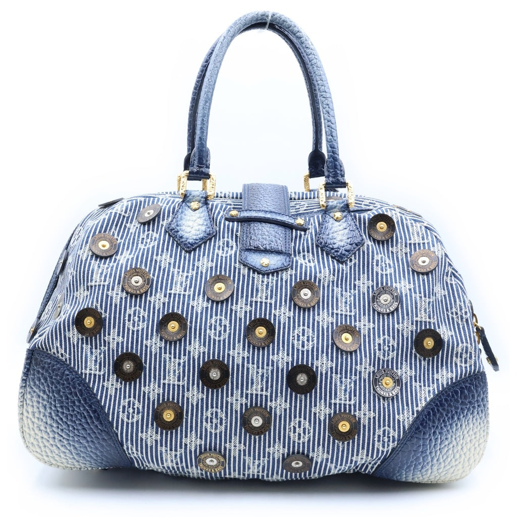 LOUIS VUITTON(ルイヴィトン) ポルカドッツ・パナマ・ボウリィ ハンドバッグ ボストンバッグ ブルー クロコ×キャンバス M95418 ゴールド金具 レディース