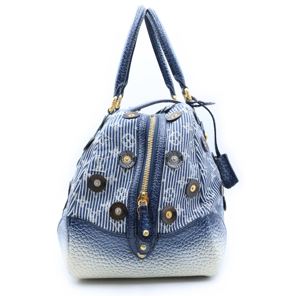 LOUIS VUITTON(ルイヴィトン) ポルカドッツ・パナマ・ボウリィ ハンドバッグ ボストンバッグ ブルー クロコ×キャンバス M95418 ゴールド金具 レディース