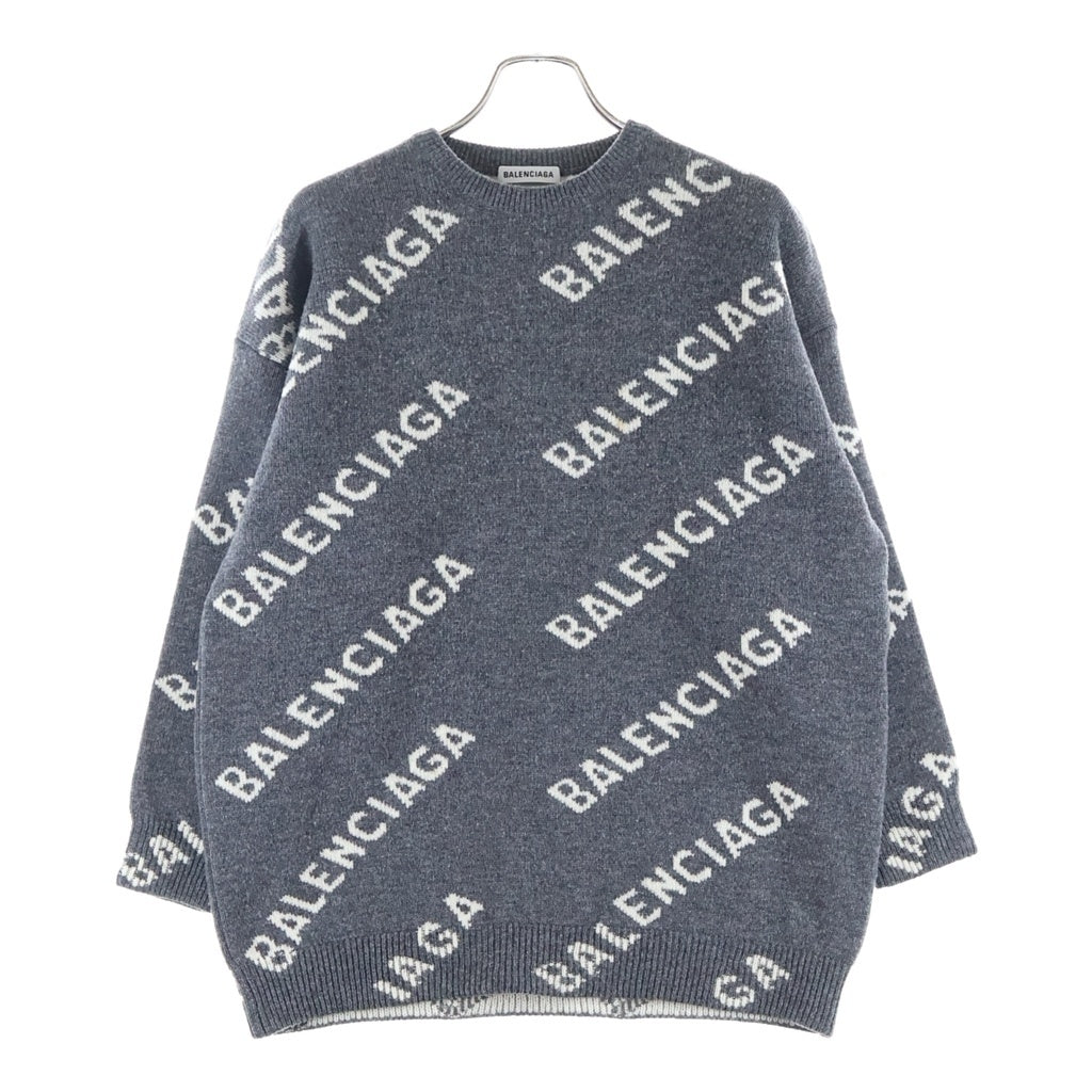BALENCIAGA(バレンシアガ) オールオーバーロゴ 総柄ジャガード プルオーバー クルーネック 長袖ニット セーター グレー 620983 レディース
