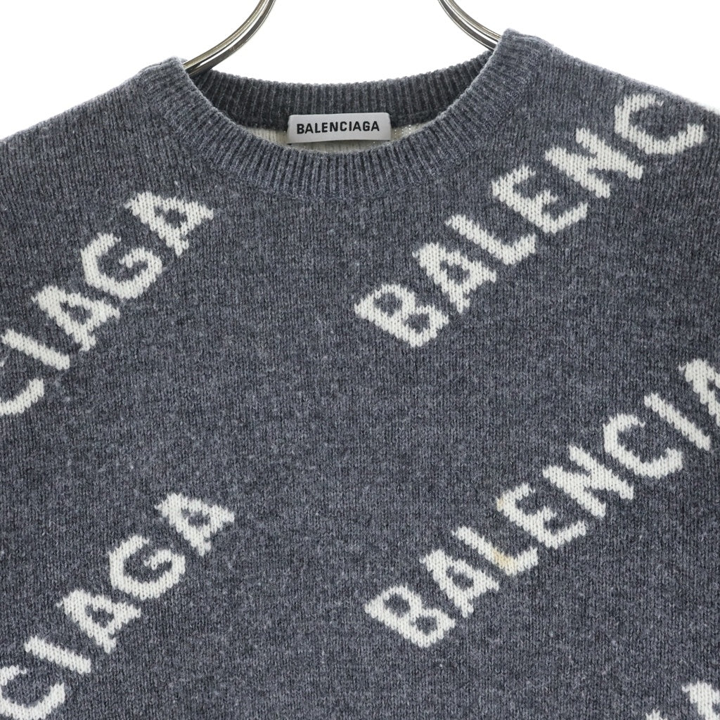 BALENCIAGA(バレンシアガ) オールオーバーロゴ 総柄ジャガード プルオーバー クルーネック 長袖ニット セーター グレー 620983 レディース