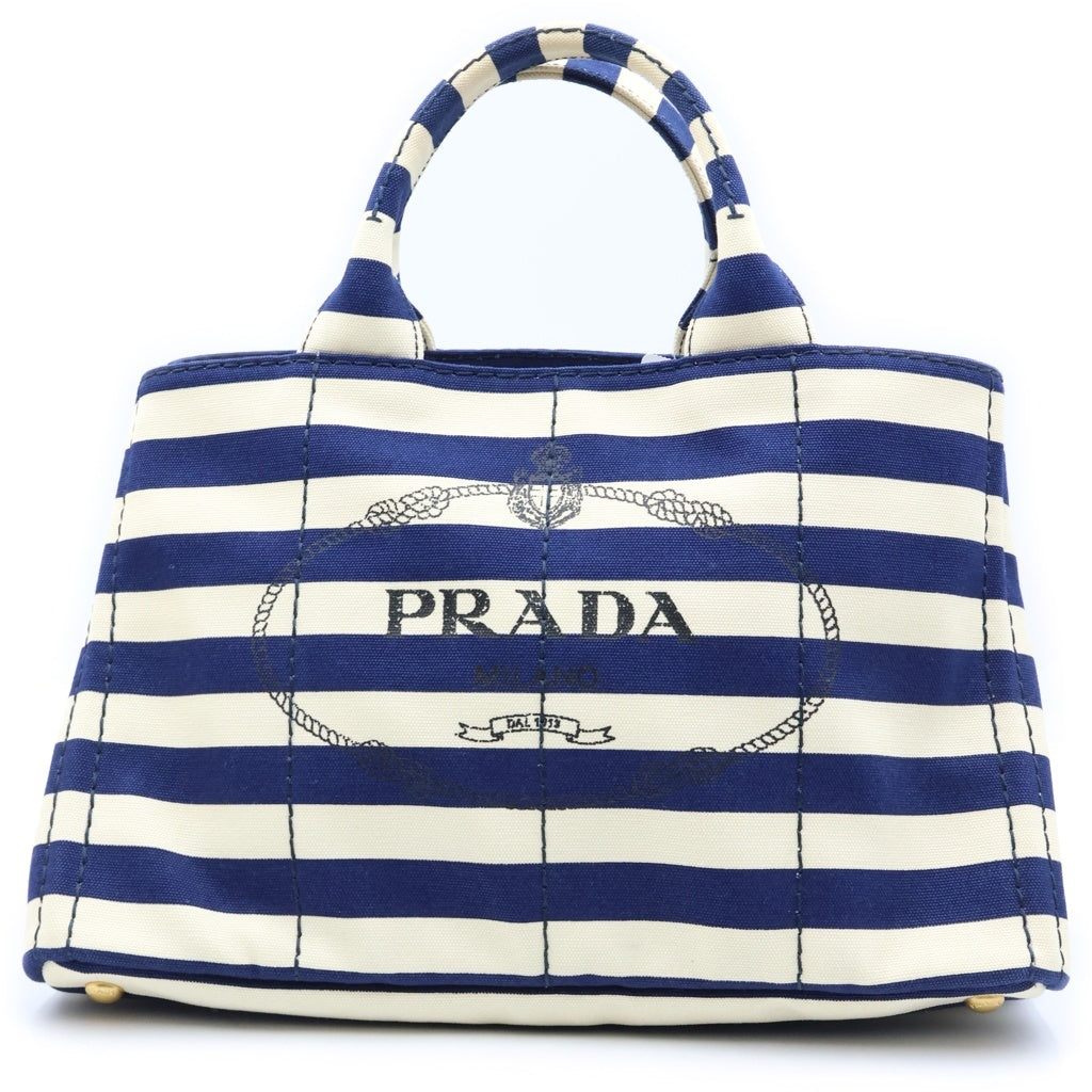 PRADA(プラダ) カナパ ボーダー 2WAYハンドバッグ トートバッグ ショルダーバッグ ブルー×アイボリー キャンバス B2642B ゴールド金具 レディース