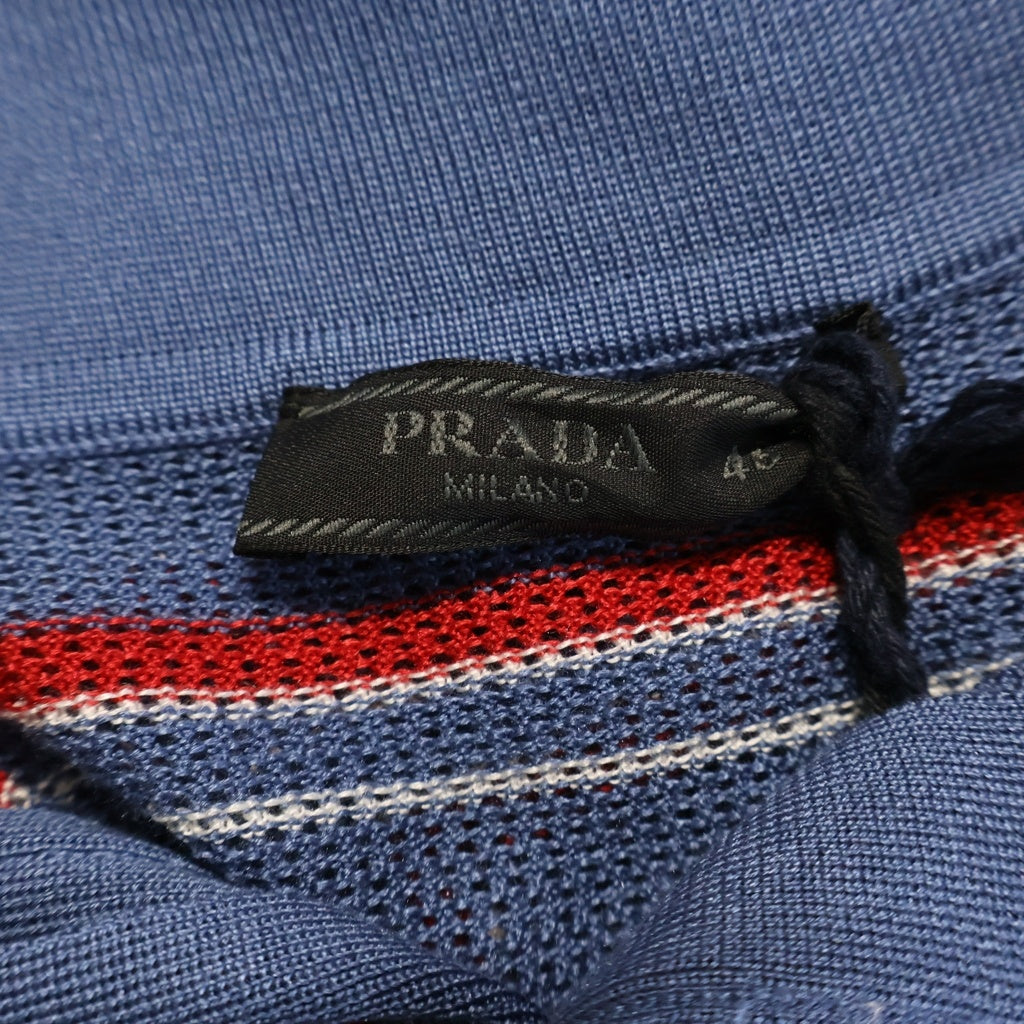 PRADA(プラダ) トライアングル ロゴ パッチ ポロシャツ 半袖 ニット マルチボーダー メッシュ ブルー/レッド UMB846