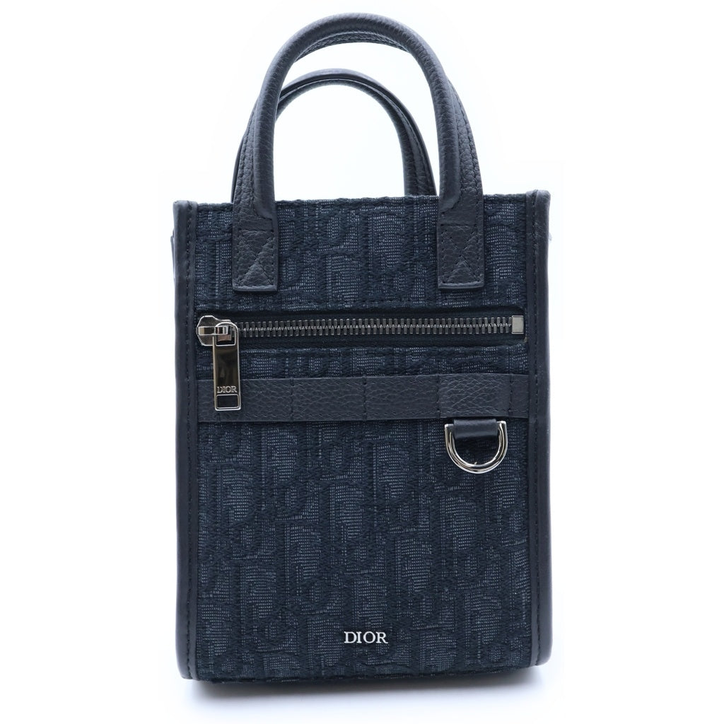 Christian Dior(クリスチャンディオール) オブリーク ノースサウス 2WAYハンドバッグ ショルダーバッグ ブラック レザー×キャンバス ガンメタ金具 レディース